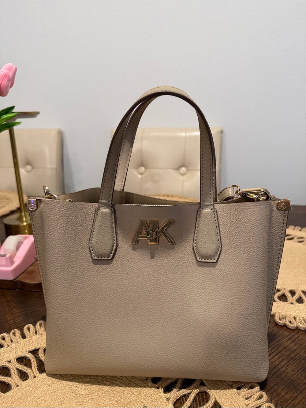 Anne Klein Taupe Pebbel Satchel with Gold AK Emblem